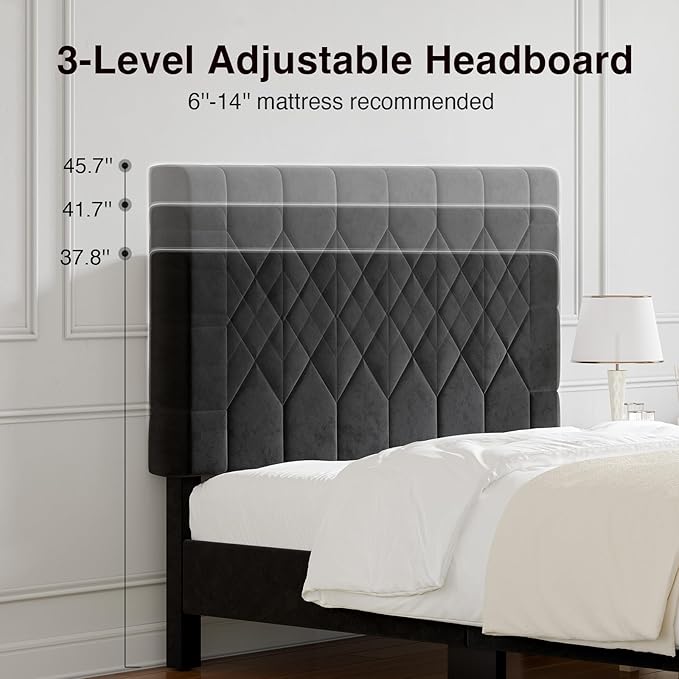 Novilla Queen Bed Frame with Headboard, Bed Frame Queen Size with Wood Slats Support, Velvet Upholstered Pull-Point Headboard, No Box Spring Needed, Heavy Duty Feet, Easy Assembly, Black Velvet