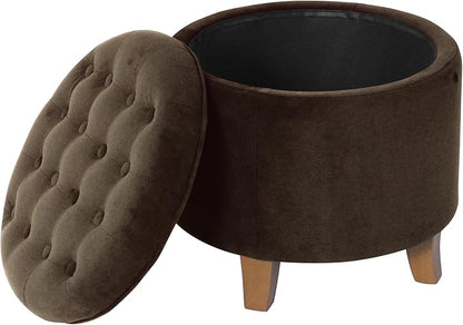 Homepop Home Decor | Upholstered Round Velvet Tufted Foot Rest Ottoman | Ottoman with Storage for Living Room & Bedroom | Decorative Home Furniture, Brown Velvet