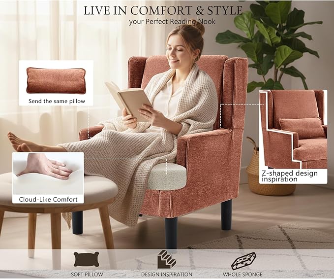 Accent Chair for Living Room Chairs Upholstered Oversized Reading Chair Armchair Accent Chairs Set of 2 Living Room Chair with High Back and Wood Legs,Arm Chair Comfy Chair for Bedroom(Orange red)