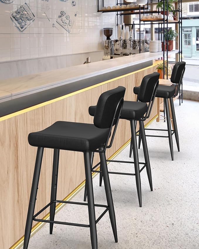 Tall Bar Stools Set of 2, 30 Inch High Counter Height Barstools with Padded Back Support, Faux Leather Bar Chairs, Metal Legs, for Kitchen Island, Black