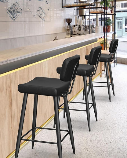 Tall Bar Stools Set of 2, 30 Inch High Counter Height Barstools with Padded Back Support, Faux Leather Bar Chairs, Metal Legs, for Kitchen Island, Black
