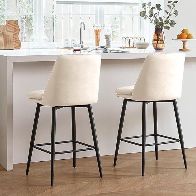 Beige Counter Height Bar Stools Set of 2, 26 Inch Seat Height with Back and Metal Legs, 360° Swivel Upholstered Faux Leather Swivel Bar Stools