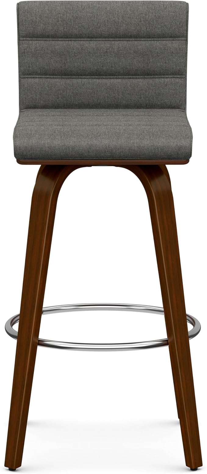 SIMPLIHOME Roland Swivel Bar Stool - 28 inch Seat Height Upholstered Wood Chair in Grey Linen Look Fabric, Mid Century Modern Seating for Kitchen or Bar with Curved Bentwood Back and Footrest