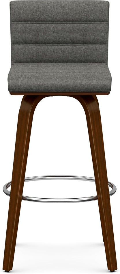 SIMPLIHOME Roland Swivel Bar Stool - 28 inch Seat Height Upholstered Wood Chair in Grey Linen Look Fabric, Mid Century Modern Seating for Kitchen or Bar with Curved Bentwood Back and Footrest