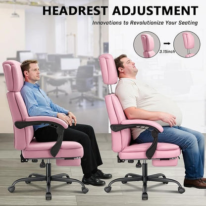 400lbs Office Chair with Foot Rest, Ergonomic Big and Tall Office Chair with Adjustable Headrest, High Back PU Leather Computer Chair,Comfy Heavy Duty Office Desk Chair (Classic Pink)