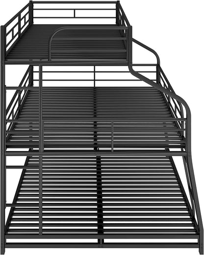 Twin XL/Full XL/Queen Triple Bunk Bed with Long and Short Ladder & Full-Length Guardrails,3 Bed Frame in 1 w/Stairs,Easy Assembly,for Adult Kid Boy Girl Teen,Black