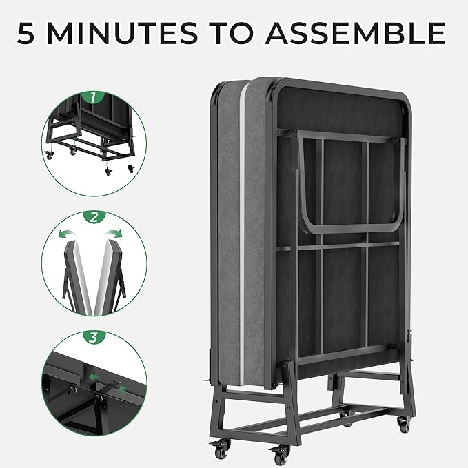 Folding Bed with Mattress, Portable Rollaway Guest Beds On Wheels, 72"x 32" Twin Size Portable Bed for Adults, Metal Bed Frame, Space Saving Roll Away Beds for Small Apartment