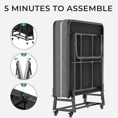 Folding Bed with Mattress, Portable Rollaway Guest Beds On Wheels, 72"x 32" Twin Size Portable Bed for Adults, Metal Bed Frame, Space Saving Roll Away Beds for Small Apartment