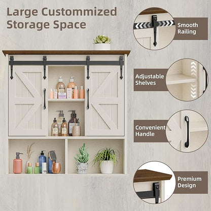 Vabches Bathroom Wall Cabinet, Farmhouse Medicine Cabinet with Double Sliding Barn Door and Adjustable Shelves, Wooden Vintage Storage Cabinet Wall Mounted for Bathroom, Kitchen Dining, Rustic White