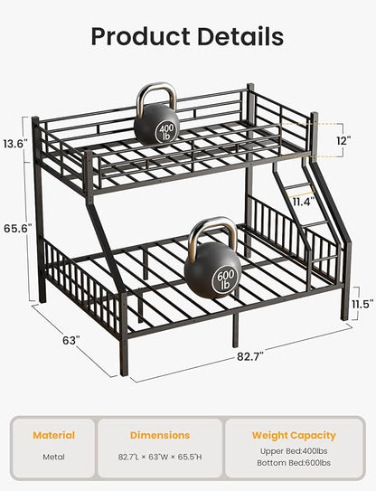 Twin XL Over Queen Bunk Bed for Adults, Heavy Duty Metal Bunk Beds with Safety Guardrails & EVA Padded Ladder, Twin XL Over Queen Bunk Beds Frame with Noise-Free Slats, Space-Saving(Black)