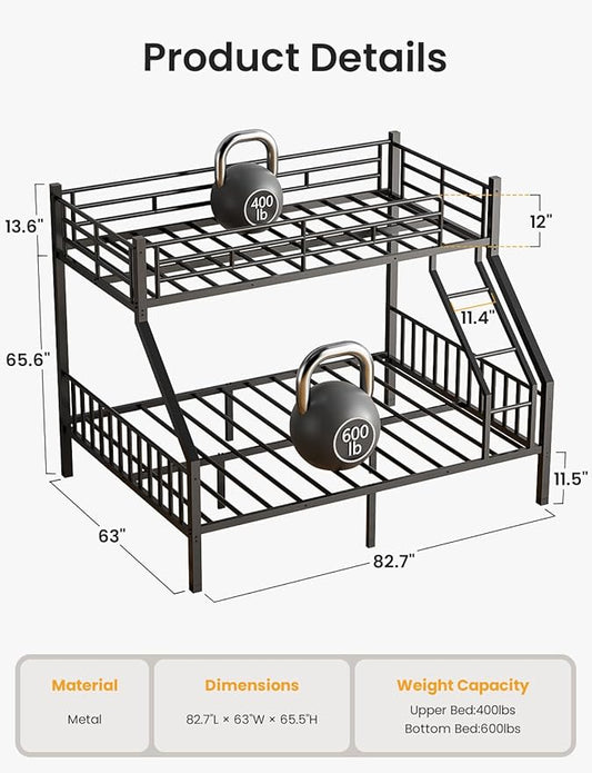 Twin XL Over Queen Bunk Bed for Adults, Heavy Duty Metal Bunk Beds with Safety Guardrails & EVA Padded Ladder, Twin XL Over Queen Bunk Beds Frame with Noise-Free Slats, Space-Saving(Black)