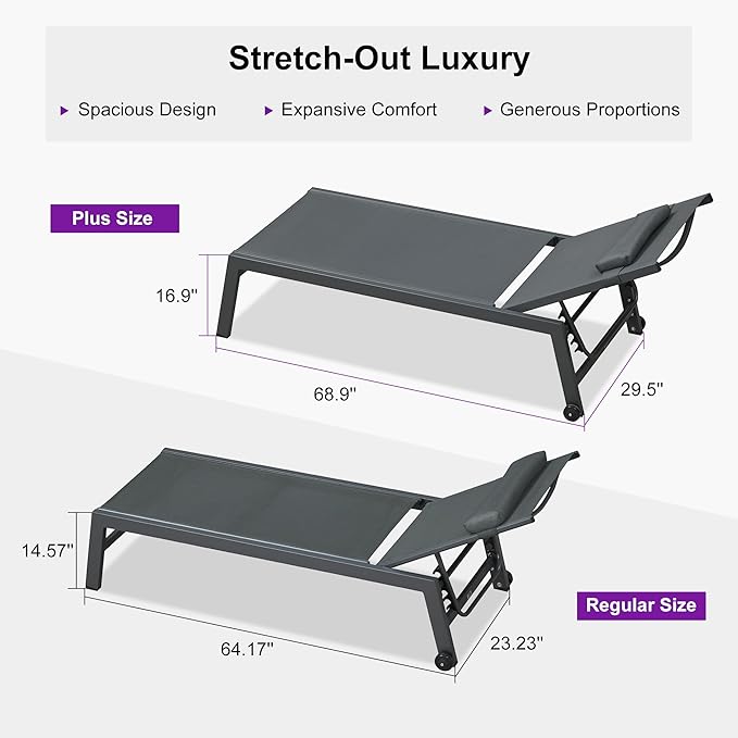 PURPLE LEAF Outdoor Oversized Lounge Chair Set of 3 Patio Chaise Pool Lounger Aluminum Frame with Side Table and Wheels for Outside Sunbathing Tanning Recliner Including Pillows Gray