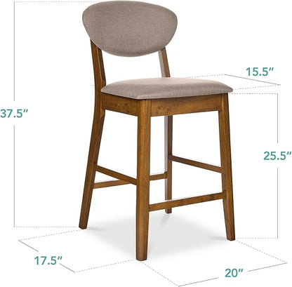 Best Choice Products Bar Stool Set of 2, Mid-Century Modern Upholstered Wood, Armless Counter Height w/Seat Cushion, Backrest - Walnut/Gray