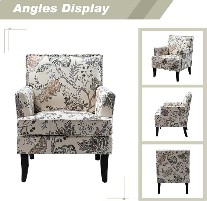 HULALA HOME Modern Accent Chair with Arms and Wooden Legs, Floral Patterned Accent Chair Armchair High Back Rest, Padded Armrest and Comfortable Cushioned Seat for Living Room (Orange Grey Floral)