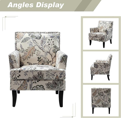 HULALA HOME Modern Accent Chair with Arms and Wooden Legs, Floral Patterned Accent Chair Armchair High Back Rest, Padded Armrest and Comfortable Cushioned Seat for Living Room (Orange Grey Floral)