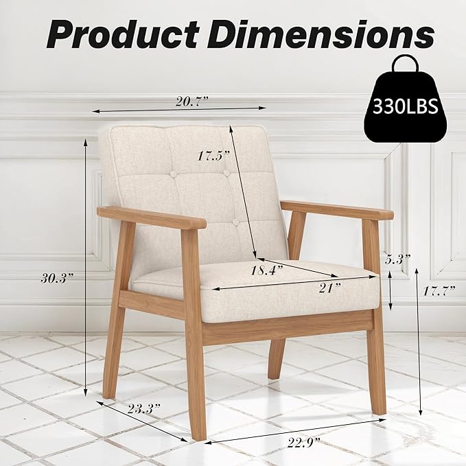 Modern Accent Chair with Arm Rest, Upholstered Linen Fabric Leisure Chair Comfy Side Chair with Backrest Button and Wooden Frame for Living Room Bedroom Reading(Beige), 1 PC
