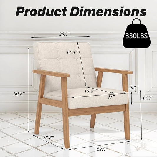 Modern Accent Chair with Arm Rest, Upholstered Linen Fabric Leisure Chair Comfy Side Chair with Backrest Button and Wooden Frame for Living Room Bedroom Reading(Beige), 1 PC