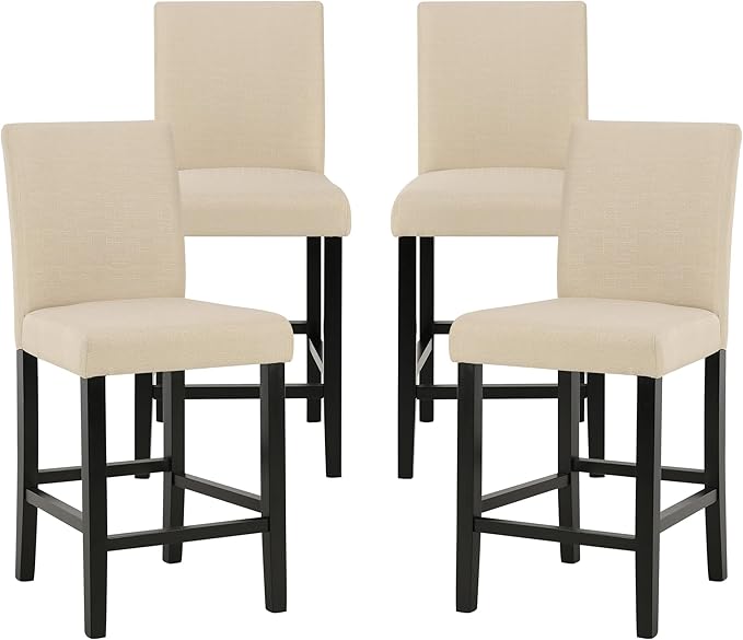 LSSPAID Counter Height Bar Stools Set of 4, 24.8 Inch Upholstered Fabric Barstools, Modern Kitchen Island Chairs with Backrest and Solid Wood Legs, Beige