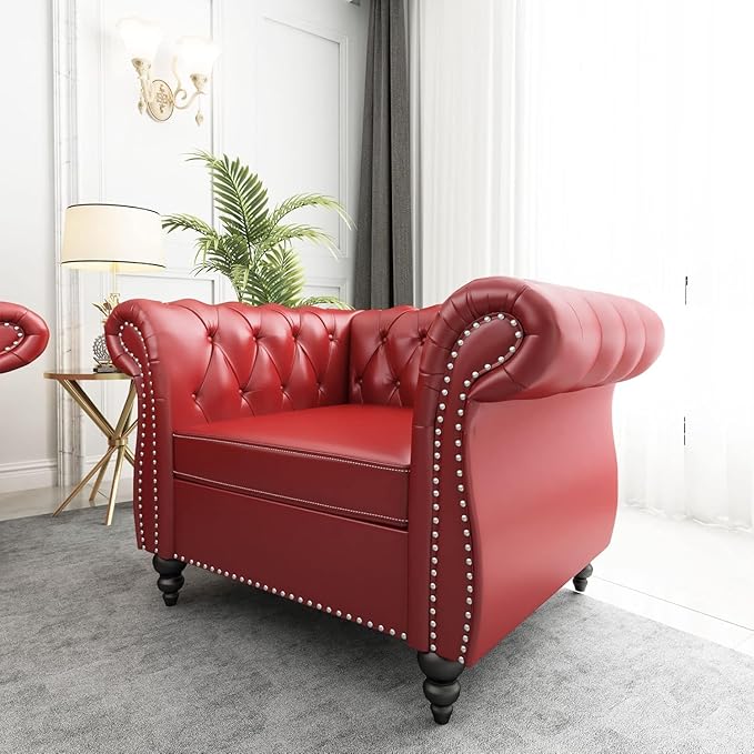 Living Room Chair, Modern Leather Chesterfield Sofa Chair, Mid Century Single Sofa Couch Chair with Tufted Back and Rolled Arms, Accent Sofa Chair for Living Room Apartment, Claret