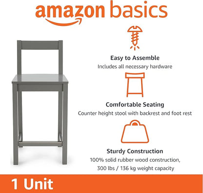 Amazon Basics Wooden Bar Stool with Backrest 24", Grey, 1 Unit