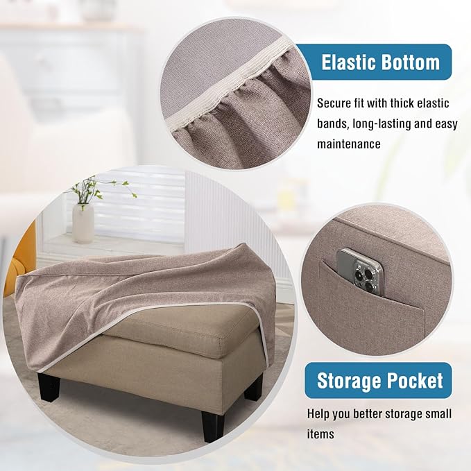 H.VERSAILTEX Ottoman Covers Slipcover Rectangle Fit Length 49"-50" Footrest Thick Linen Look 1 Piece Folding Storage Covers Ottoman Slipcovers Removable Footrest Covers Elastic Bottom - Heather Taupe
