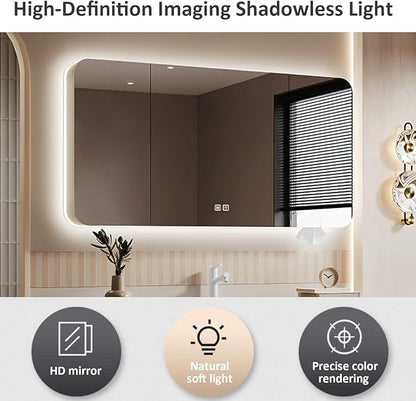 32IN Bathroom Vanity - Bathroom Vanity with Sink with Intelligent Induction Light | Wall-Mounted Bathroom Vanity with Intelligent LED Mirror Cabinet & 6 Drawers, Cream Color