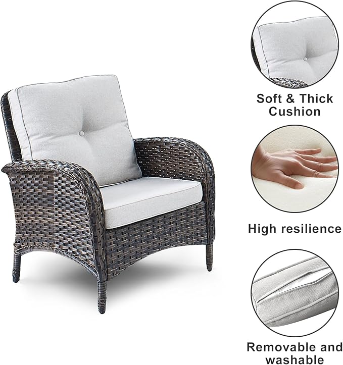 HUMMUH 5 Pieces Patio Furniture Set Wicker Outdoor Bistro Chairs with Ottomans Glass Top Side Table,Outdoor Conversation Set for Porch Deck Backyard Poolside
