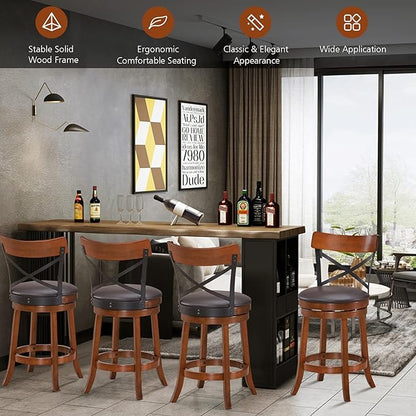 COSTWAY Bar Stool Set of 4, 360-Degree Swivel Solid Wood Stools with Soft Cushion & Backrest, 25”Height Kitchen Counter Bar Stools for Kitchen Island, Pub, and Restaurant (4, 25 inch)