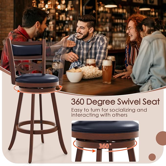 COSTWAY Bar Stools Set of 4, 29.5” Bar Height Stools with Rubber Wood Frame, Faux Leather Upholstered Seat and Backrest, Swivel Barstools for Kitchen Island, Pub, Brown (4, Seat Height: 29.5”)
