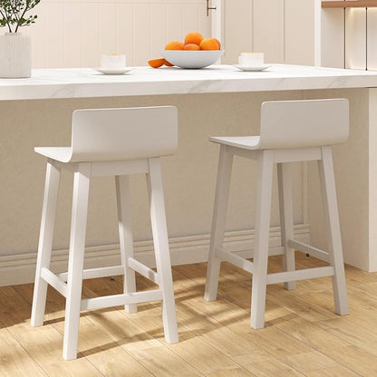 COSTWAY Solid Wood Bar Stools Set of 2, 24.5-inch Counter Height Chairs with Low Back and Footrest, Farmhouse Wooden Armless barstools for Kitchen Island, Dining Room, Cafe, Breakfast, White
