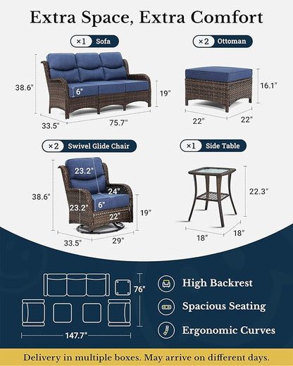 HILLGA Luxury Patio Furniture Set with 6-inch Thick Cushion, Outdoor Couch and High Back Swivel Rocker Patio Chairs, 6PCS Wicker Conversation Set for Deck Yard and Poolside, Blue (V2)