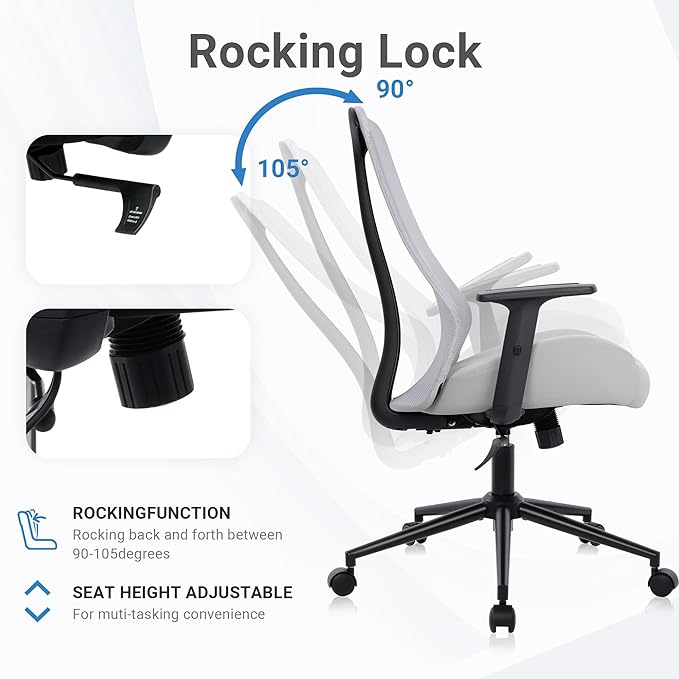 HYLONE Office Chair, 5" Thickened Seat Ergonomic Desk Chair with Adjustable Armrests, Home Office Computer Chairs for Long Hours Mesh Executive Chair(Black Base&Grey)