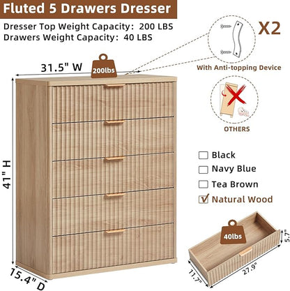 LEYAOYAO Fluted 5 Drawers Dresser Set of 2, 41" Tall Modern Chest of Drawers with Metal Handle, Curved Profile Dresser TV Stand, Wooden Drawer Organizer for Bedroom, Living Room, Hallway, Navy Blue