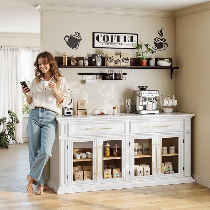 LGHM 63" Sideboard Buffet Cabinet with Storage, Modern Credenza with 4 Doors & Adjustable Shelves, Wood Coffee Bar Kitchen Cabinet with 2 Large Drawers for Living Room
