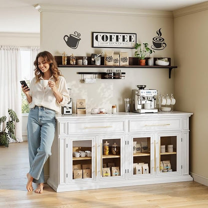 LGHM 63" Sideboard Buffet Cabinet with Storage, Modern Credenza with 4 Doors & Adjustable Shelves, Wood Coffee Bar Kitchen Cabinet with 2 Large Drawers for Living Room