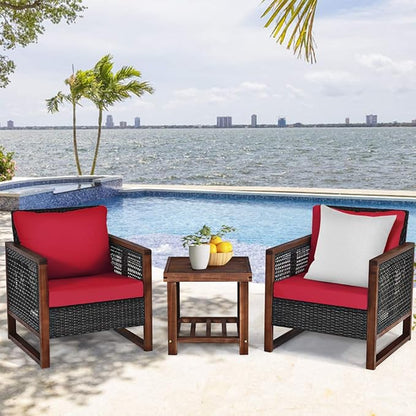 COSTWAY 3 Pieces Wicker Patio Furniture Set, Outdoor Wicker Sofa with Acacia Wood Frame, Coffee Table & Washable Cushions, Rattan Conversation Sets for Yard, Porch, Bistro, Balcony, Backyard, Red