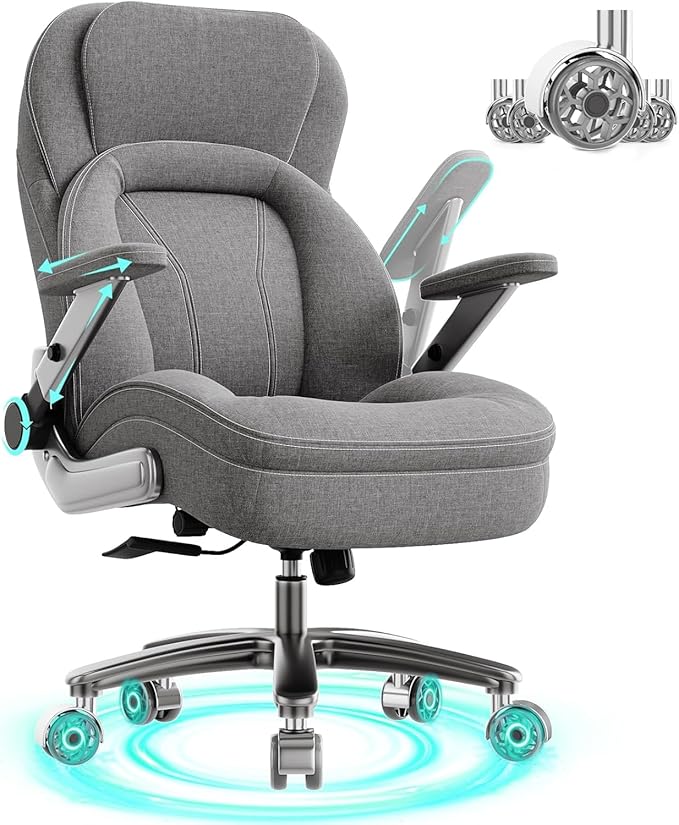 Big and Tall Office Chair, 600lbs Heavy Duty Desk Chair with 5D Arms, Adjustable Lumbar Support & Height, Tilt Function, Fabric High Back Ergonomic Executive Computer Chair with 3'' Casters