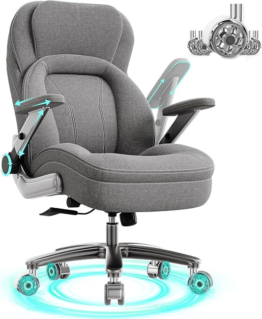 Big and Tall Office Chair, 600lbs Heavy Duty Desk Chair with 5D Arms, Adjustable Lumbar Support & Height, Tilt Function, Fabric High Back Ergonomic Executive Computer Chair with 3'' Casters