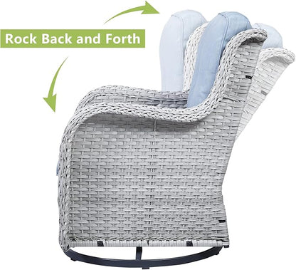 HUMMUH Outdoor Swivel Rocker Wicker Patio Chairs Set of 2, Rattan Rocking Chair Furniture Set(Light Grey,Light Blue)