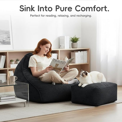 Cloud Bean Bag Chair with Ottoman for Adults, Comfy Corduroy Chaise Lounge Chair with High-Resilience Foam, Oversized Boneless Reading Chair for Bedroom & Living Room Black