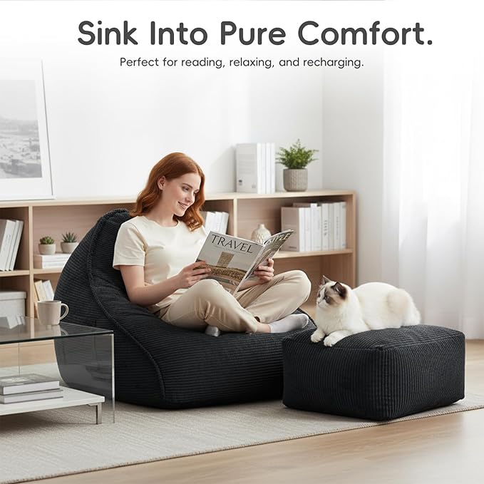 Cloud Bean Bag Chair with Ottoman for Adults, Comfy Corduroy Chaise Lounge Chair with High-Resilience Foam, Oversized Boneless Reading Chair for Bedroom & Living Room (Charcoal)