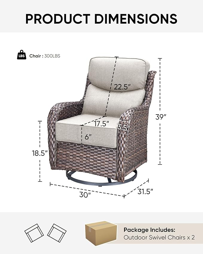 HUMMUH Outdoor Patio Wicker Swivel Rocker Chairs Set of 2 with 6-Inch Thick Cushion High Back Wicker Conversation Set for Porch Balcony Deck