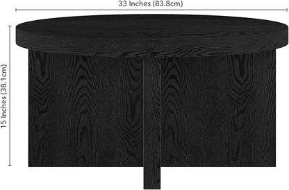 Henn&Hart 33" Round Wood Pedestal Low-Profile Coffee Table for Living Room, Family Room, Office or Apartment, Black Grain