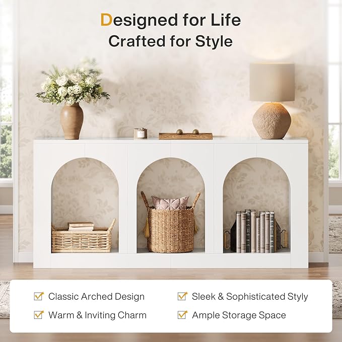 Tribesigns 70.9" White Console Table with Storage, Wood Entryway Entry Table with 3 Arched Shelves for Foyer, Hallway, Living Room, Behind Couch Sofa, Narrow Long