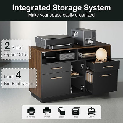 Home Office Furniture Set, 71" Electric Standing Desk with 2 Wide File Cabinet, AC/USB, Mobile File Cabinet with Lockable Wheels, Furniture Set with Multiple Functions,Black Walnut