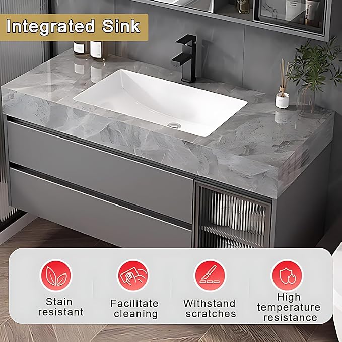 Gray 40IN Modern Bathroom Vanity - Wall-Mounted Bathroom Storage & Bathroom Vanities with Sink, Wall Mounted, Defogging & Led Lighting | Bathroom Cabinets Slim