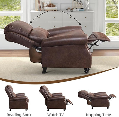 Push Back Recliner Chair Faux Leather Lounge Armchair with Rivet Decoration Wingback Single Sofa Chair with Padded Seat Solid Wood Legs for Living Room, Comfy Upholstered, Red Brown