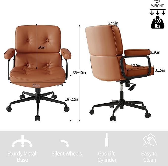 Brown Office Chair, Modern Leather Desk Chair with Wheels and Arms, Adjustable Height, Comfy Wide Desk Chair with Lumbar Support
