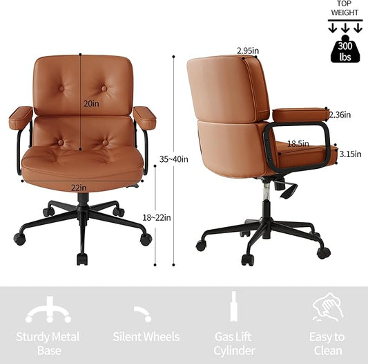 Brown Office Chair, Modern Leather Desk Chair with Wheels and Arms, Adjustable Height, Comfy Wide Desk Chair with Lumbar Support
