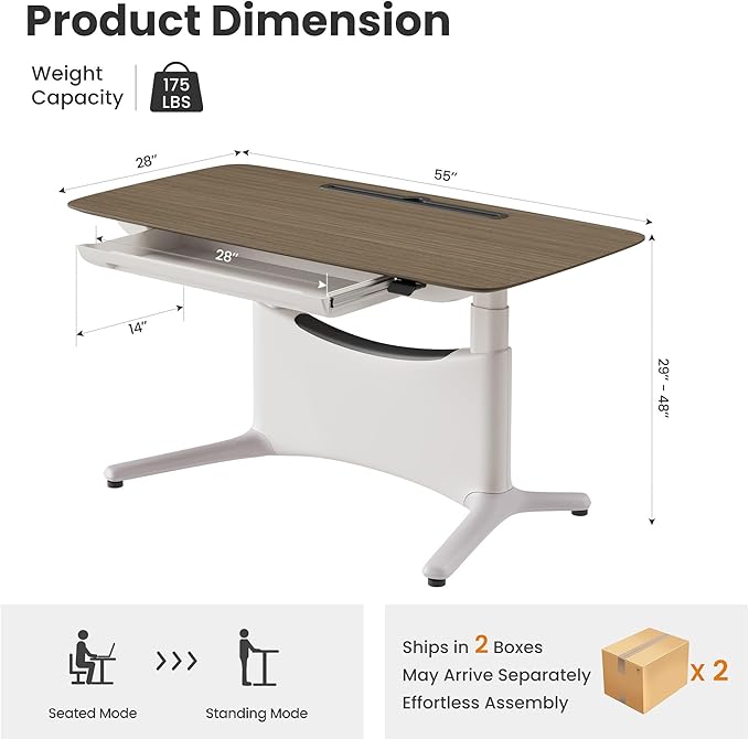 COLAMY Electric Standing Desk, Whole-Piece Gaming Desk with Dual Motors, Ergonomic Footrest, Drawers for Storage, Adjustable Height Sit-Stand Desk for Home Office (Veneer Desktop, Walnut + White)
